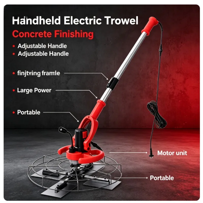 Concrete Power Trowel, Cement Floor Polishing Screeding Machine, Long Handle Surface Finishing Tool for Road Ground Smoothing