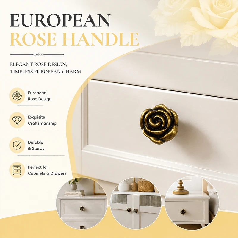 European Rose Flower Drawer Knob Pull Handle for Furniture Cabinet Wardrobe Door Dresser Nightstand Vanity Table