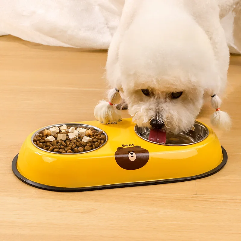

New Stainless Steel Dog Bowl Pet Bowl Double Bowl Integrated Dog Basin Anti-knock Dog Bowl Drinking Water Feeder Cat Bowl
