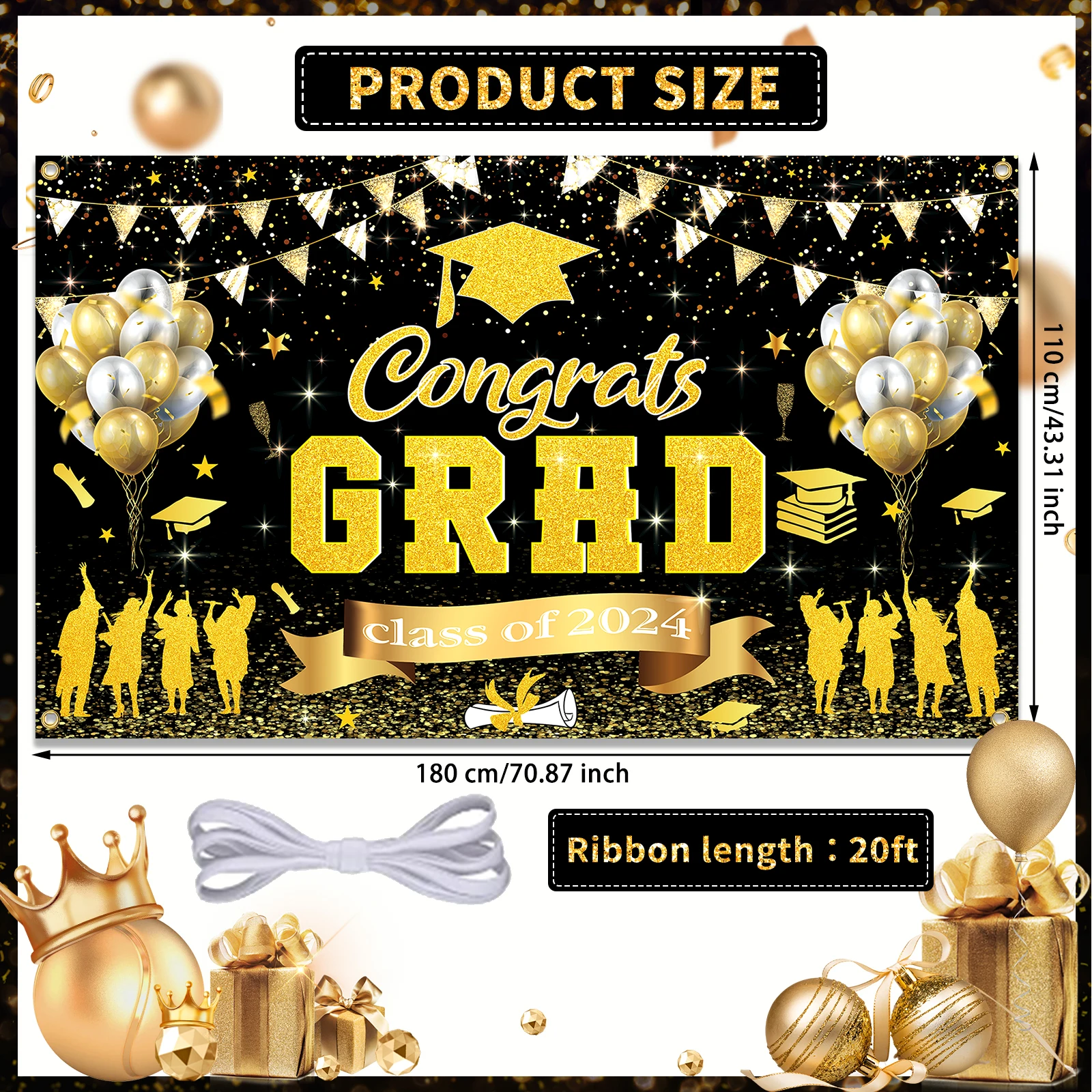 Congrats Grad Banner Backdrop Decor Set for Graduation Party Supplies Black and Gold Graduation Banner