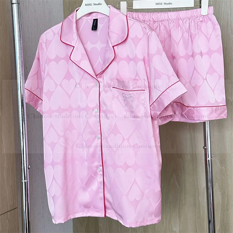 

Jacquard Love Pajamas Set Women Short Sleeve Shirt Shorts Kawaii Pink Single Breasted Top Trousers 2Pcs Loungewear Sleepwear