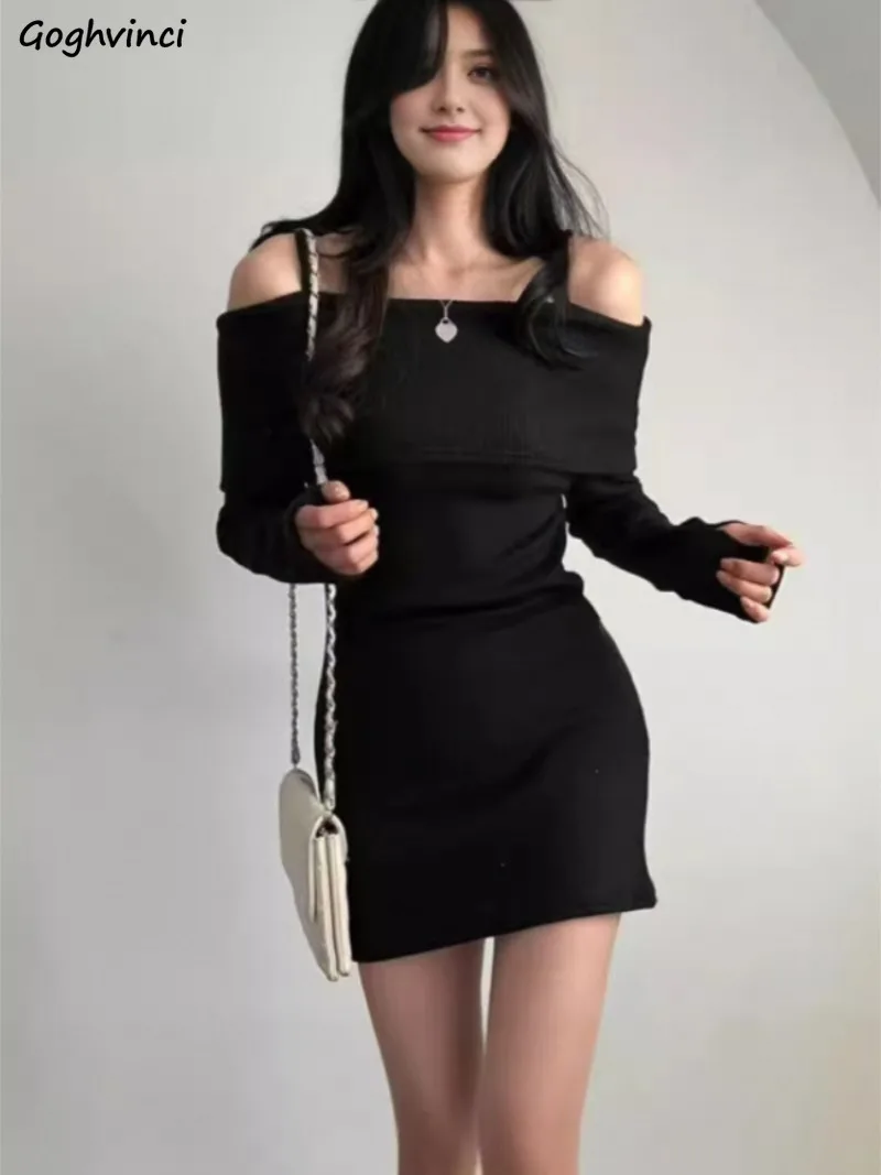 

Long Sleeve Mini Dresses Women Trendy Ins Solid Simple Slash Neck Off-shoulder All-match Autumn Knitted Sexy Spicy Girls Bodycon