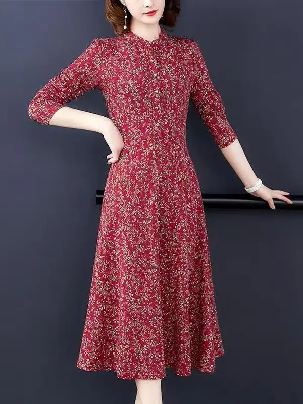 

Женское платье Ele для среднего возраста с длинным рукавом, завышенной талией, А-силуэтом, повседневное, комфортное, из полиэфирного волокна, с принтом