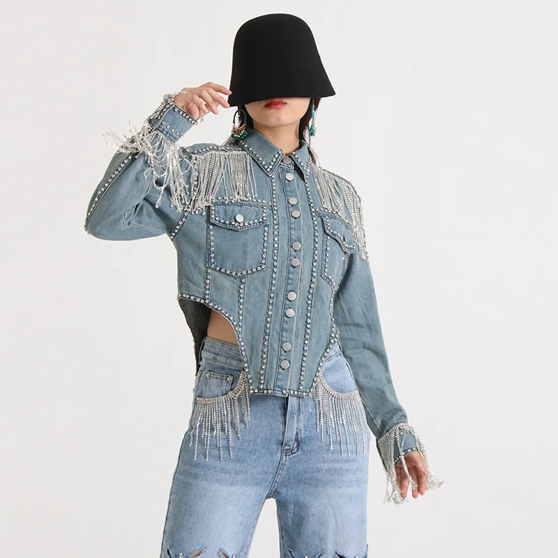 

Women's Denim Jacketwomen's 2023 Autumn New Spicy Girls Street Fashion Hip Hop Personalized Heavy Work Nail Diamond Metal Tassel