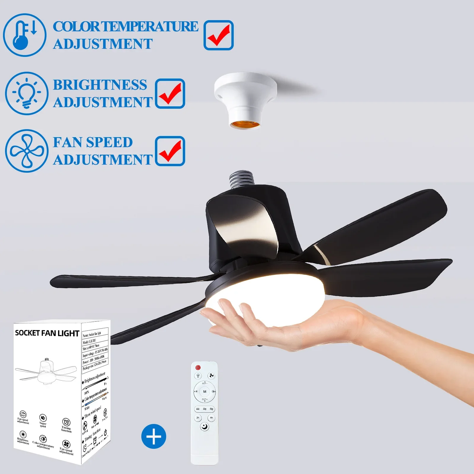 Socket Ceiling Fan with Led Light E27 with Remote, Dimmable, Timing Speed Change for Bedroom Dining Room, Kitchen Home Appliance