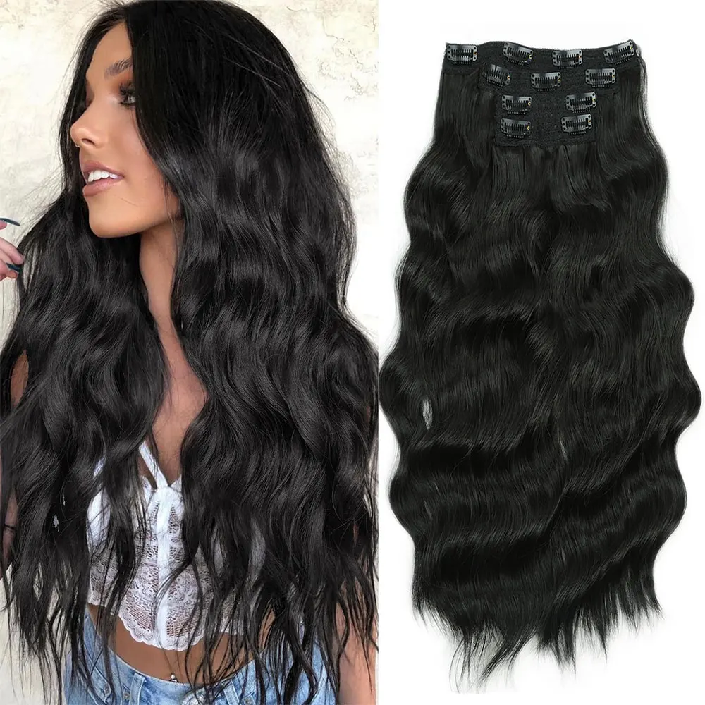 

20 Inches Clip in Synthetic Hair Extensions Long Wavy 4PCS Thick Hairpieces Black Double Weft Natural Hair Extensions for Women
