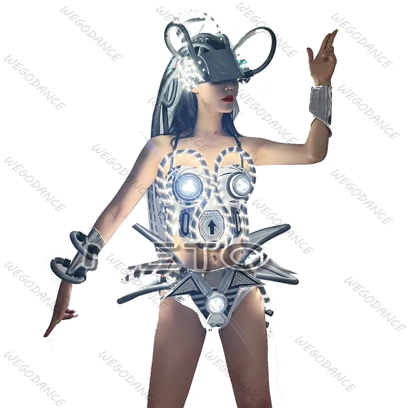 Silver LED Light Armor Robot Silver Split Performance Suit GOGO DS Performance Costume