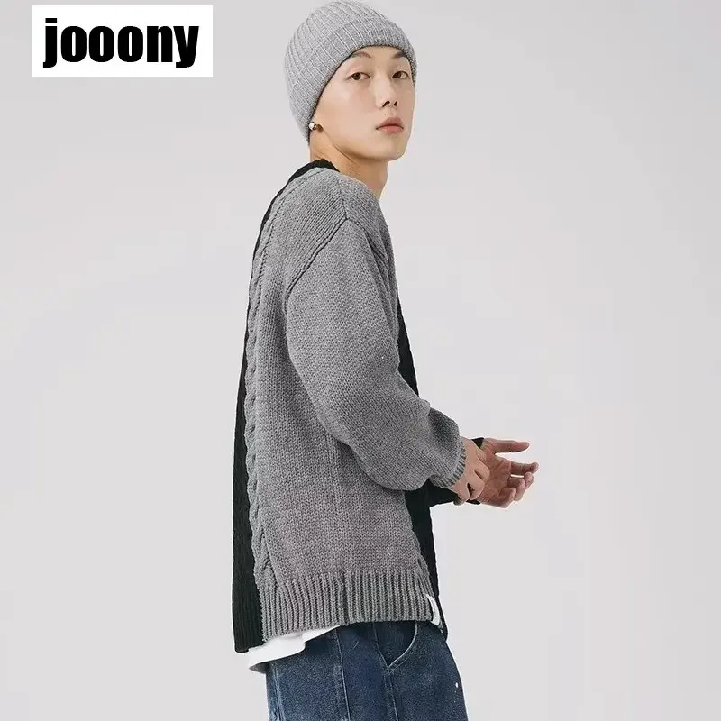 New Round Neck Loose Knit Sweater Pullover Coat Japanese Retro Contrast Color Spliced Sweater Pullover 2023 New Men's Versatile