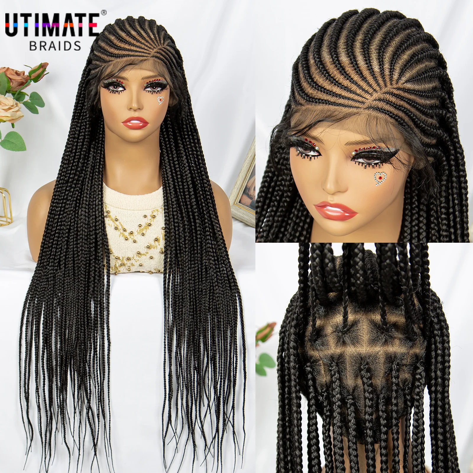 Full Lace Cornrow Braided Wigs for Black Women Handmade Synthetic Long Box Braided Wig with Baby Hair Lace Front Braids Wigs