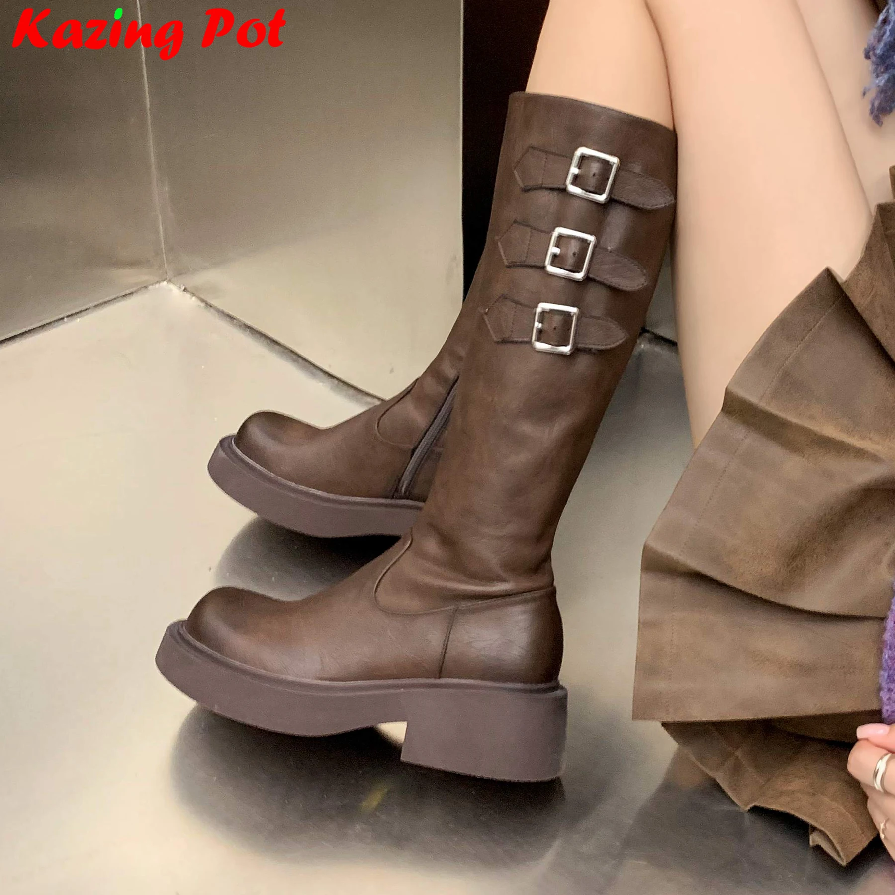 

Krazing Pot 2025 Cow Leather High Heels Riding Long Boots Warm Winter Shoes Belt Buckle Gifts Retro Brand Women Knee-high Boots