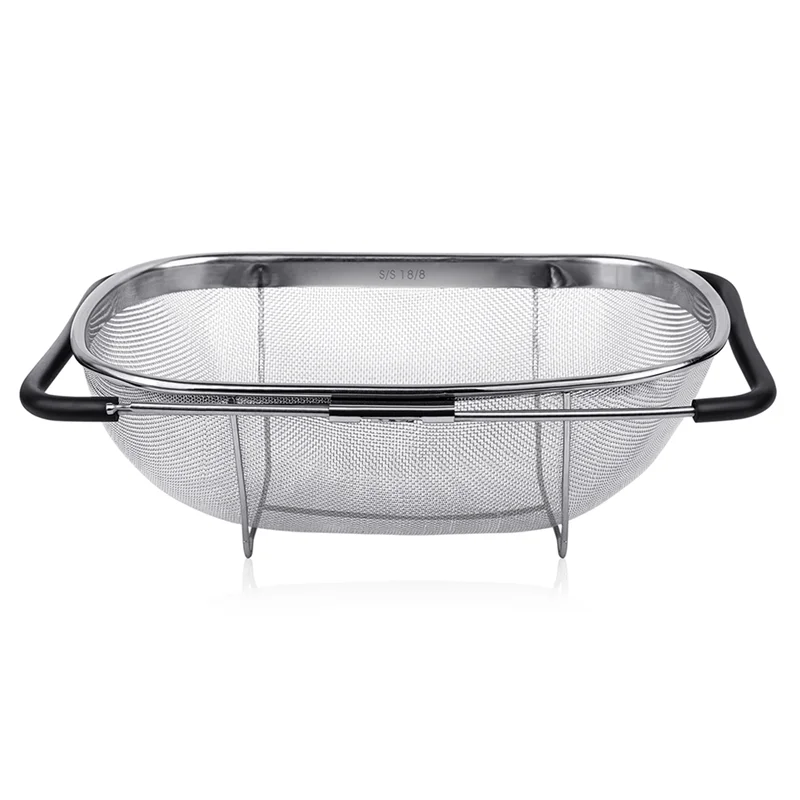 A79I Colander Basket Fine Mesh Stainless Steel For Sink With Telescopic Rubber Handle Extendable Rice Drain Basket