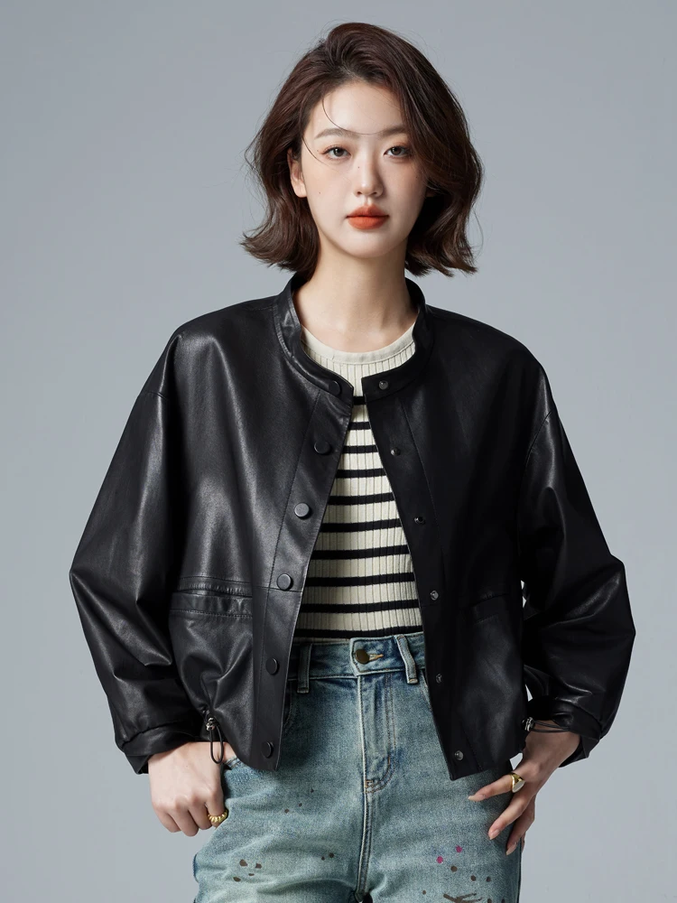 

Casual Black Genuine Leather Cropped Jackets for Women Simple Stand Collar Natural Real Sheepskin Coat jaqueta couro feminina