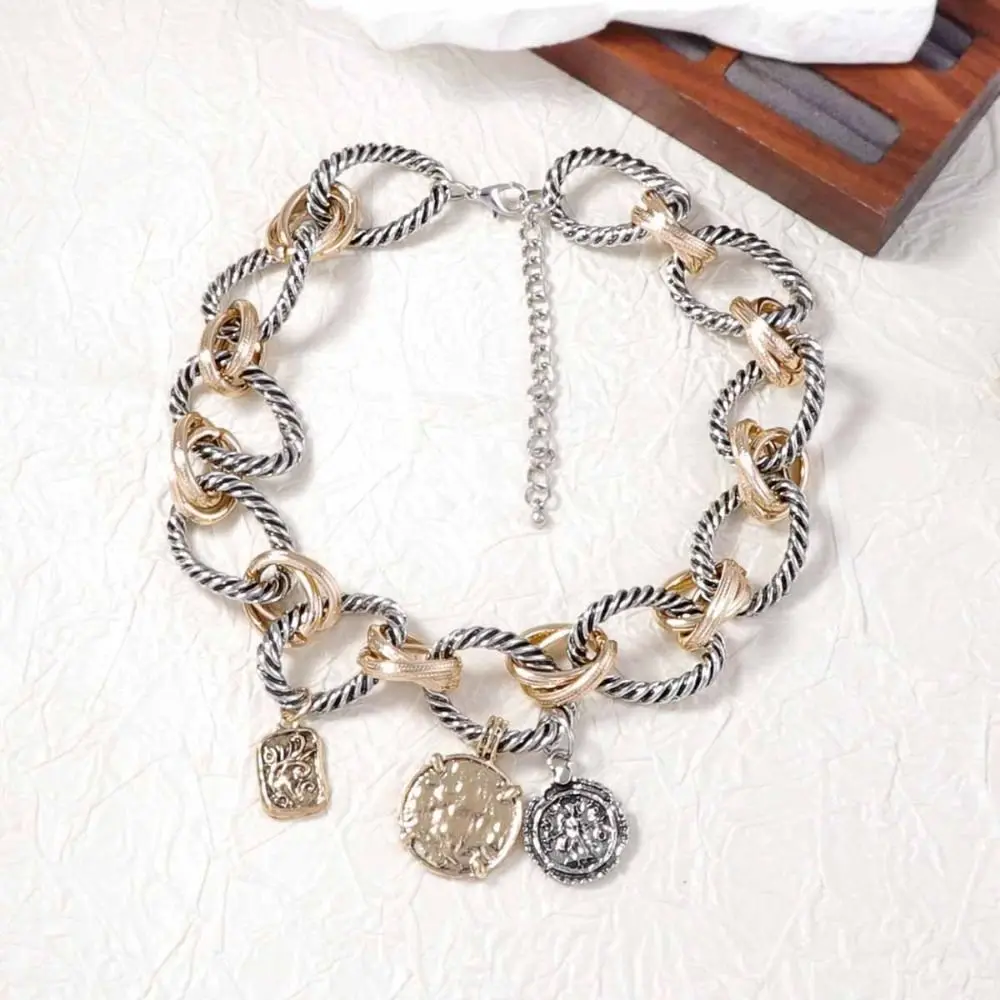 Personality Fashion Cuban Chain Necklaces Double Color Vintage Geometric Pendant Metal Gift Circular Choker Women