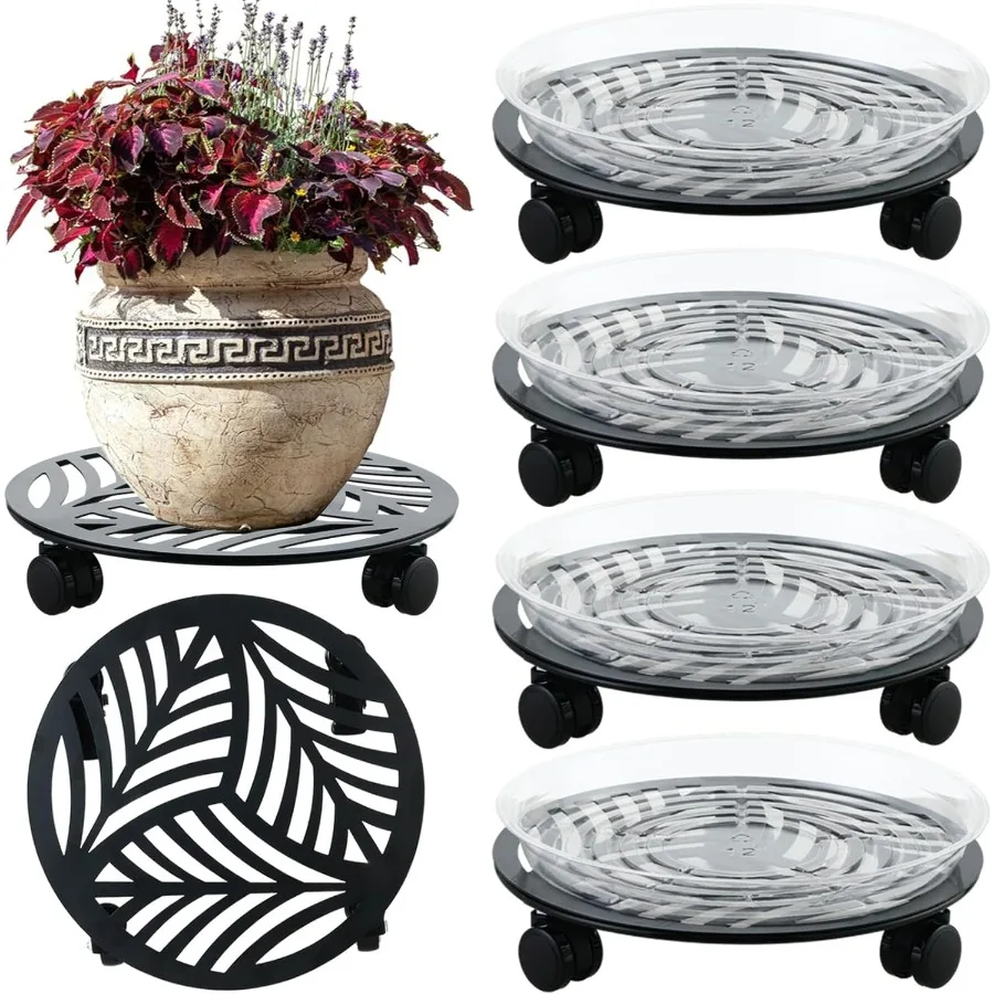 4 paquetes de carrito grande para plantas de Metal con ruedas de PU, soportes para plantas rodante de hierro forjado de alta resistencia de 13 ", muñeca para plantas con ruedas para interiores y exteriores