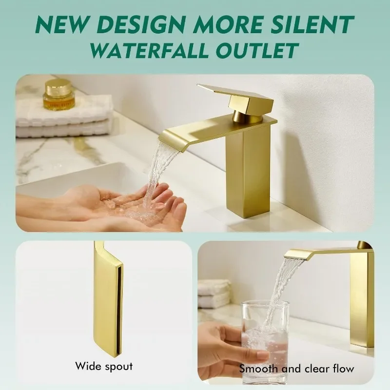 Brushed Gold Bathroom Faucet 1 Hole,Gold Waterfall Bathroom Faucet Single Handle Bathroom Sink Faucet with Drain Stopper