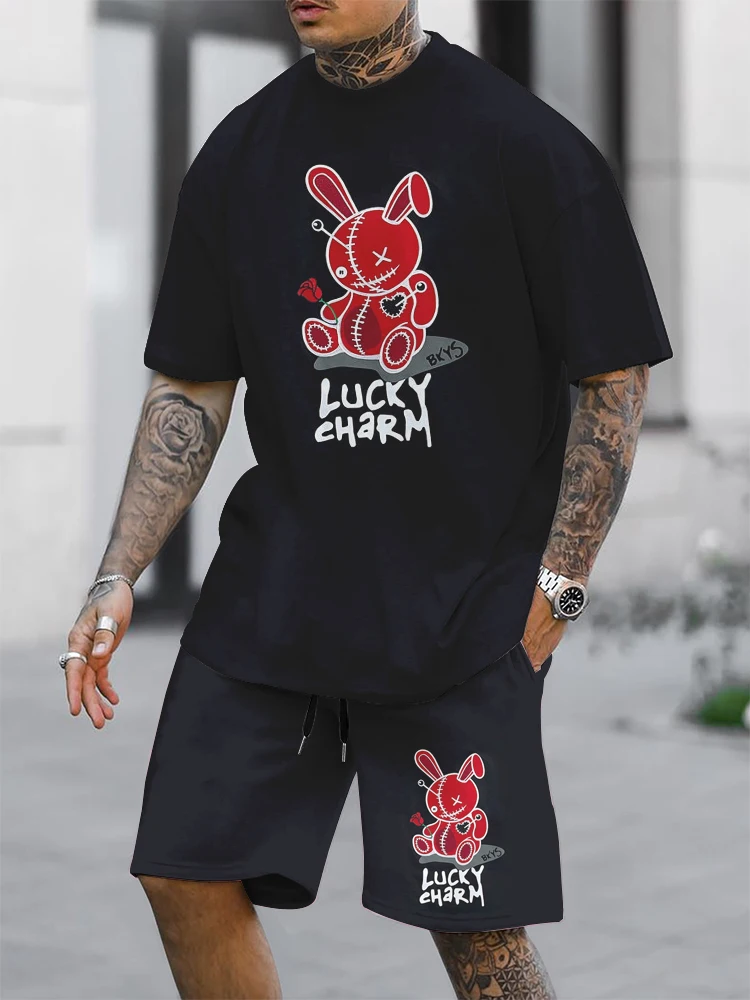 2024 Lucky Rabbit Print Short Sleeve T-shirt And Shorts 2 / Summer Men's Fashion Street Short Sleeve Suit Loose And Breathable