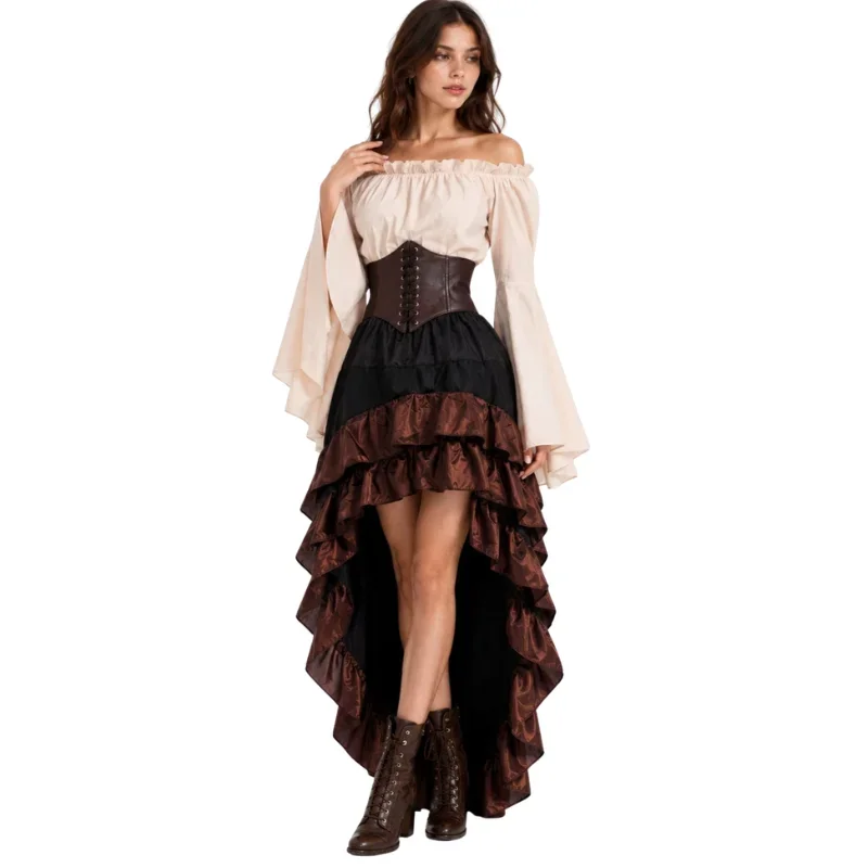 Halloween Medieval Retro Pirate Dress Captain Ruffled Waist Waist Long Dress Court Dress Three Piece Set view 4