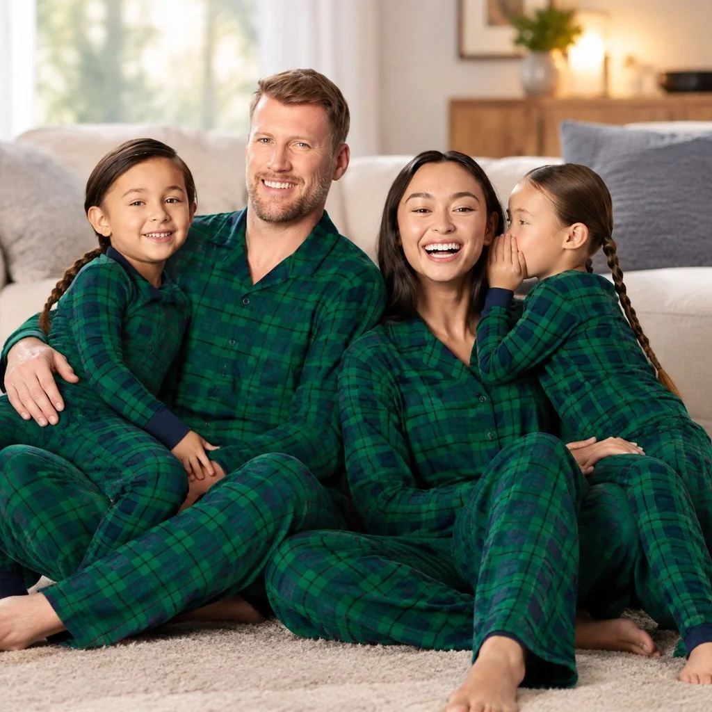 Family Set Plaid Pattern Set with Plaid Element European and American Style Pajamas for Women Spring Autumn Winter Sleepwear