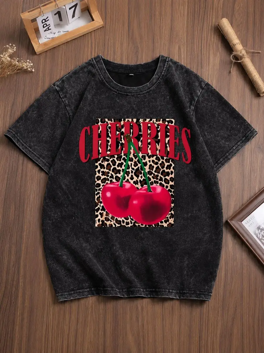 Cherry Leopard Print Graphic Women's T-Shirt, Y2K Fruit & Animal Print Casual Crew Neck Short Sleeve Top, Summer Daily Wear