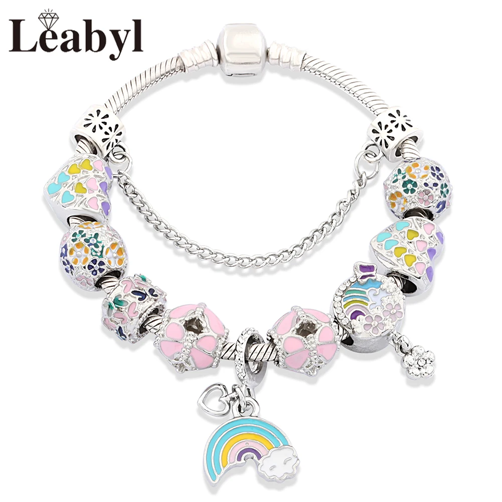 MIX Style Pink Flower Heart Charm Bracelets Trendy Pink Crystal Bead Bracelet Lovely Plant Animal Jewelry for Women Girl Gift