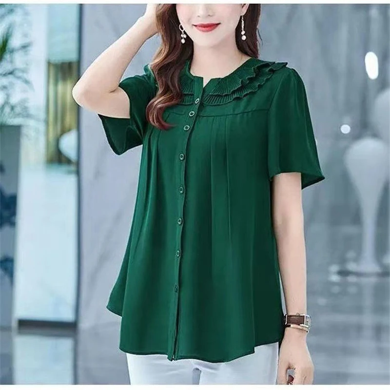 Women Summer Ruffles Elegant Button Shirts Korean Fashion Round Neck Short Sleeve Solid Loose Blouse Casual Irregular Ladies Top