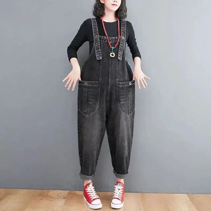 Vintage tanah putih Denim overall wanita musim semi musim gugur ukuran besar pinggang tinggi longgar kaki lebar Romper Wanita koboi Romper tren