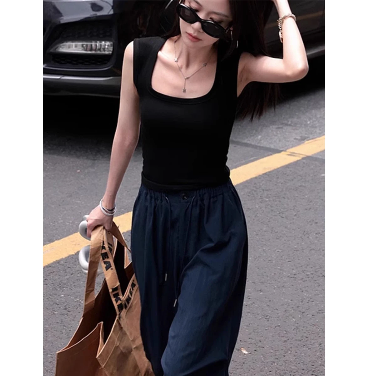 Cseta Regata Fena de Aodão Puro com Decote em U, Alta Elasticidade, Estilo Curto, Roupa Interior com Alça Fixa