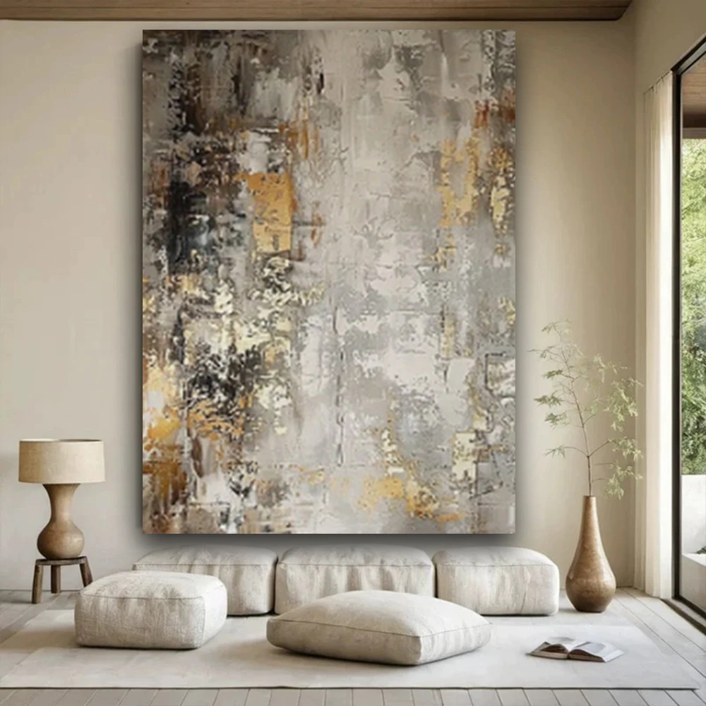 

Handmade Gold Silver Fantasy City Oil Painting On Canvas Large Size Modern Abstract Vertical Art Picture For Home Wall Decor