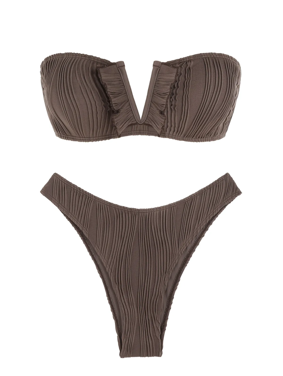 

Women's Sexy Solid V-wire High Leg Ruffles Textured Lace Up Bandeau Bikini Set Two Piece Swimwear Bikini Set Two Piece Bathing S