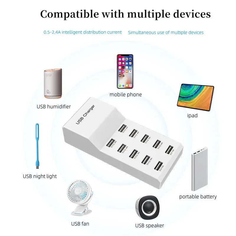 USB Charging Station 10-Ports 50W/10A Multi Port USB C Hub Charger for Cellphone Tablet Multiple Devices Extension Socket