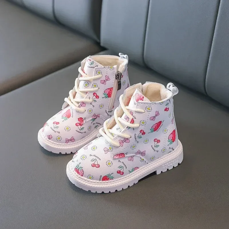 Baby Girls Winter Waterproof Cotton Warm British Style Leather Boots 2023 Autumn Kids Cute Strawberry Booties Children\'s Shoes