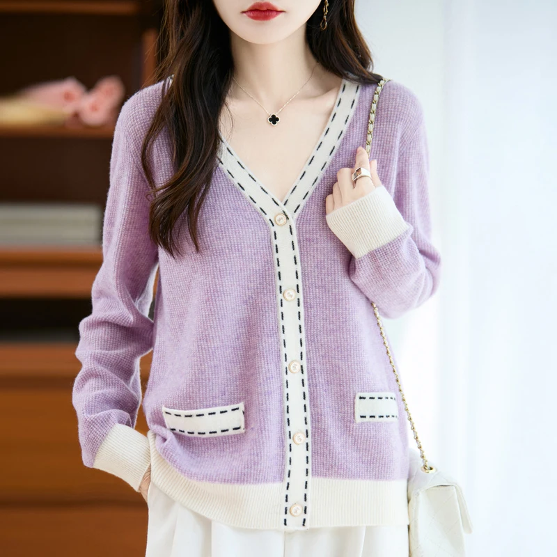 Autumn Winter New Arrival Women's Merino Wool Cardigan V‑Neck Contrast Pockets Stylish Modest Skin‑Friendly Long Sleeve Knit Top