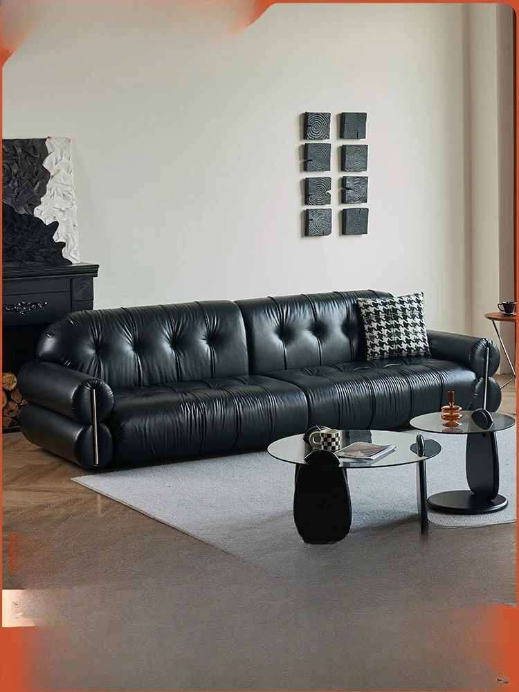 

French retro sofa living room small apartment brown sugar three-person medium and ancient style designer Italian black straight