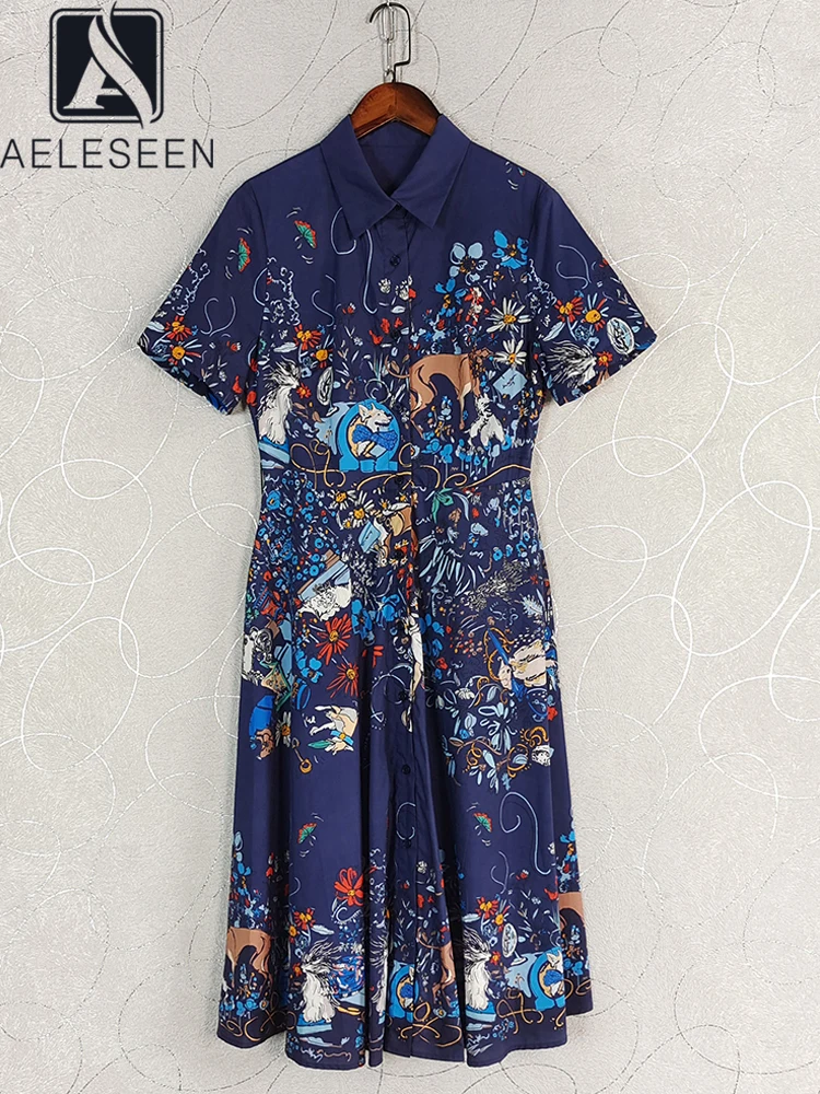 AELESEEN Vintage Summer Shirt Dress For Women 100% Cotton Vintage Animal Flower Print Navy Blue Single-breasted Elegant