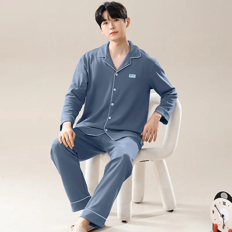 Men Sleepwear Solid Color Cotton Pajama Sets for Men Long Sleeve Long Pants Sleepwear Pyjama Male Homewear Lounge Wear Clothes