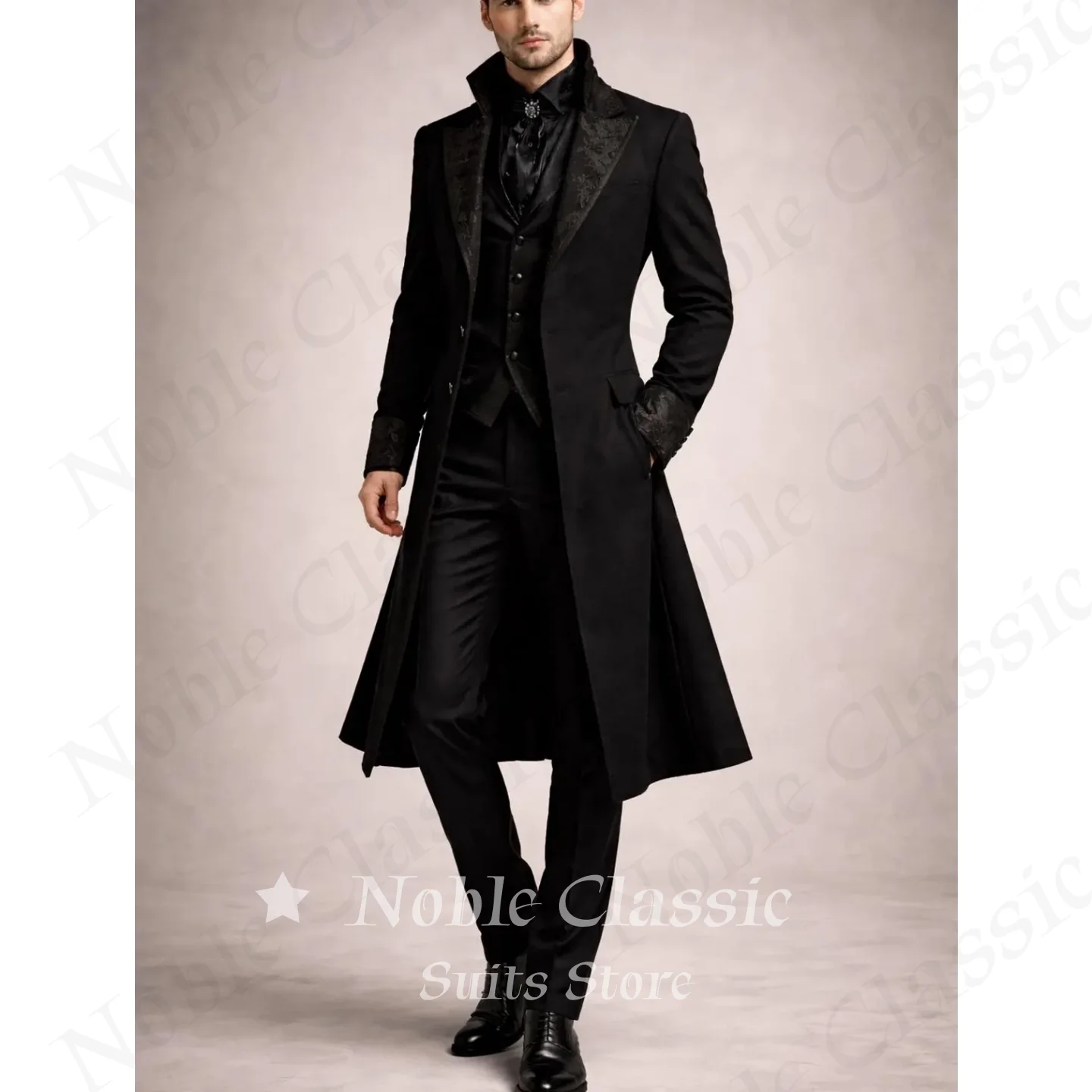 Men Black Victorian Tailcoat 3 Piece Suit Floral Cuff Embroidery Tuxedo Waistcoat Pants Set Goth Wedding Stage Prom Customized