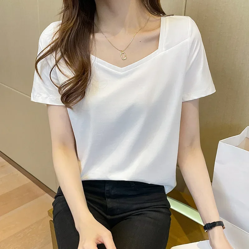 

Pop Loose V-neck Short-sleeved T-shirt Women's Summer New Style Pure Color Student Spicy Girl Clavicle Exposure Design Sense Top