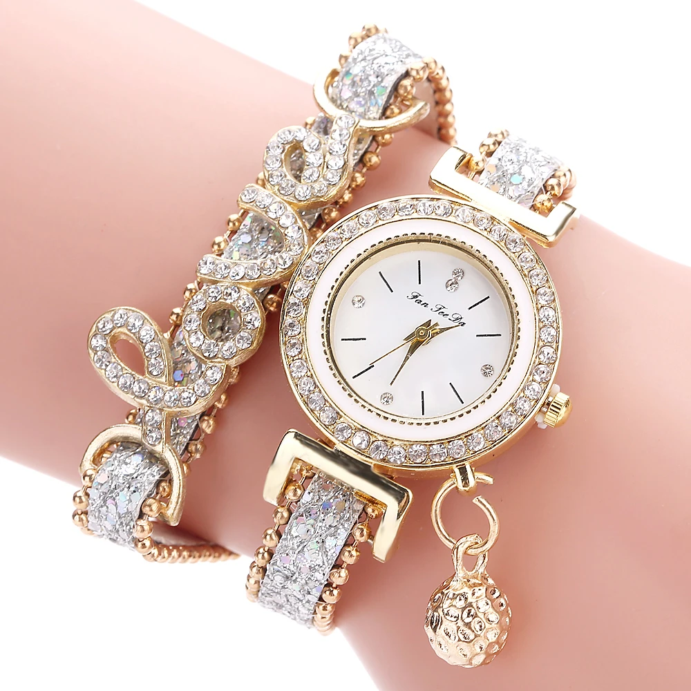 hot sale fashion love style rhinestone wrap leather women wrist watch