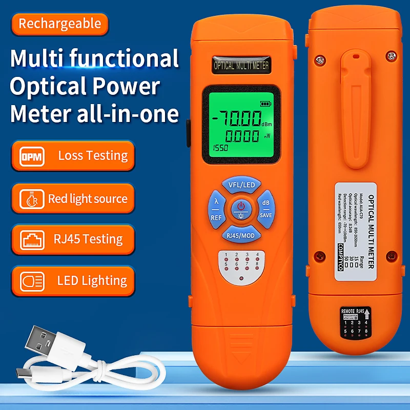 

AUA-C70/AUA-C50 Перезаряжаемый многофункциональный мини-измеритель оптической мощности (OPM) и визуальный локатор неисправностей (VFL) 15 мВт/30 мВт/50 мВт, тестер оптоволокна FTTH