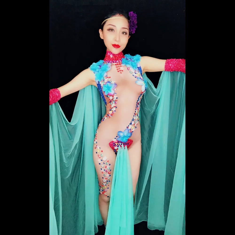 Kolorowy Kryształowy Kombinezon z Kwiatami dla Piosenkarki, Tancerki, na Koncert, Występ Sceniczny, Imprezę, Kostium Drag Queen