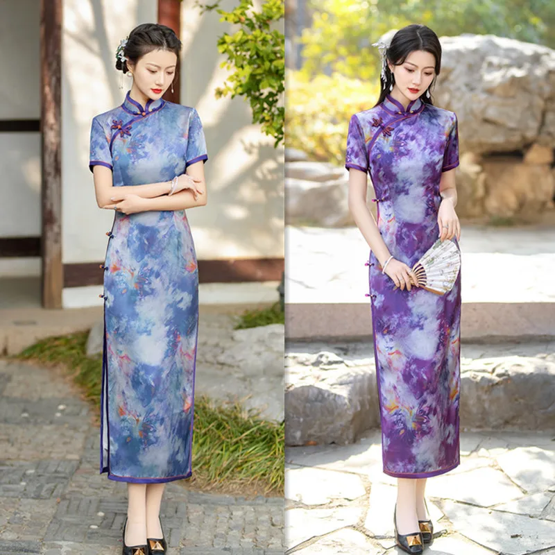 

2024 Summer Short Sleeved Qipao Chinese Style Printed Long Cheongsam Vintage Button Traditional Dresses Elegant Plus Size Qipaos