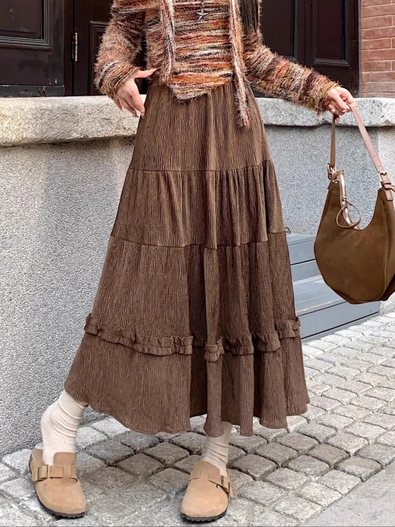 

Вельветовая юбка для женщин весной, осенью и зимой. 2021. Новый стиль. Плиссированная юбка трапециевидной формы средней длины с тортом w1938 ﻿