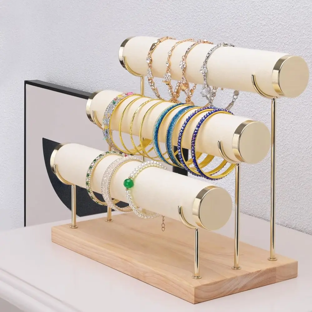 

Upgraded 3 Tier Bracelet Organizer Stand Wooden Flannel Wrap Jewelry Display Stand Detachable Metal Necklace Storage Rack Women