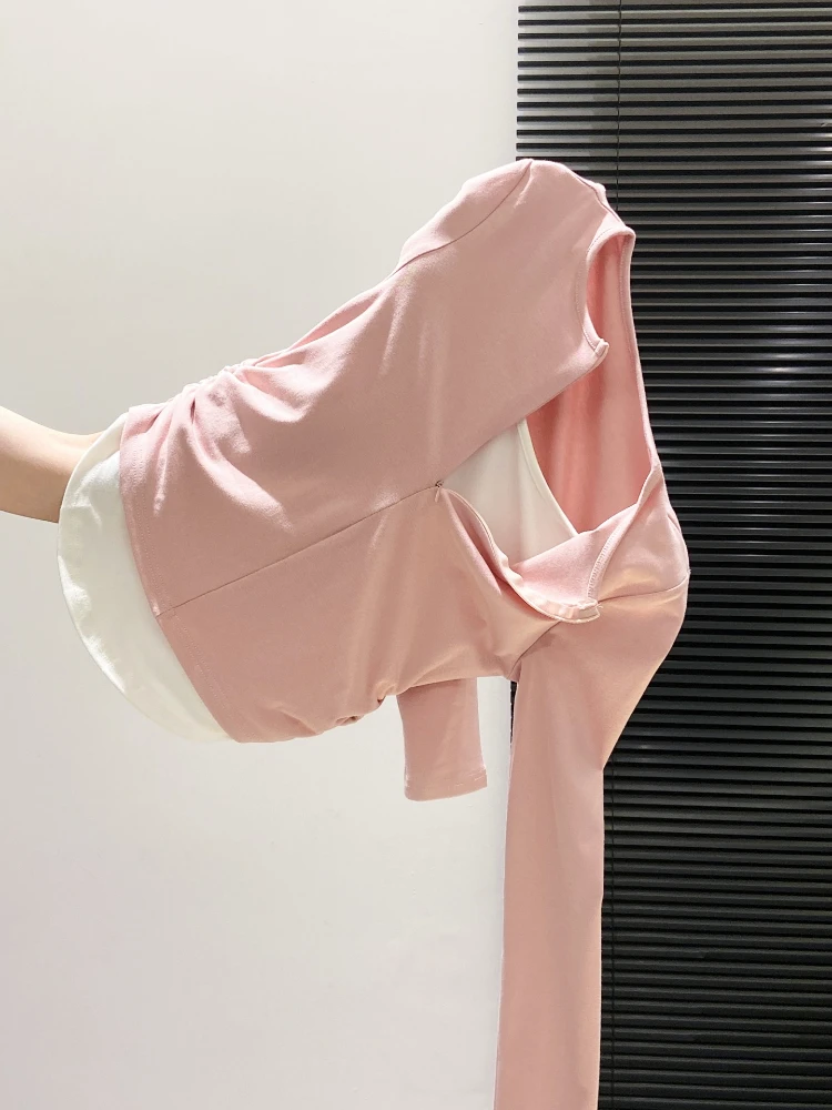 Color Block Two Piece Style Long Sleeve Top Women Autumn New Wrinkle Detail Half Zipper Slim Fit Casual Fashion Chic Outfit