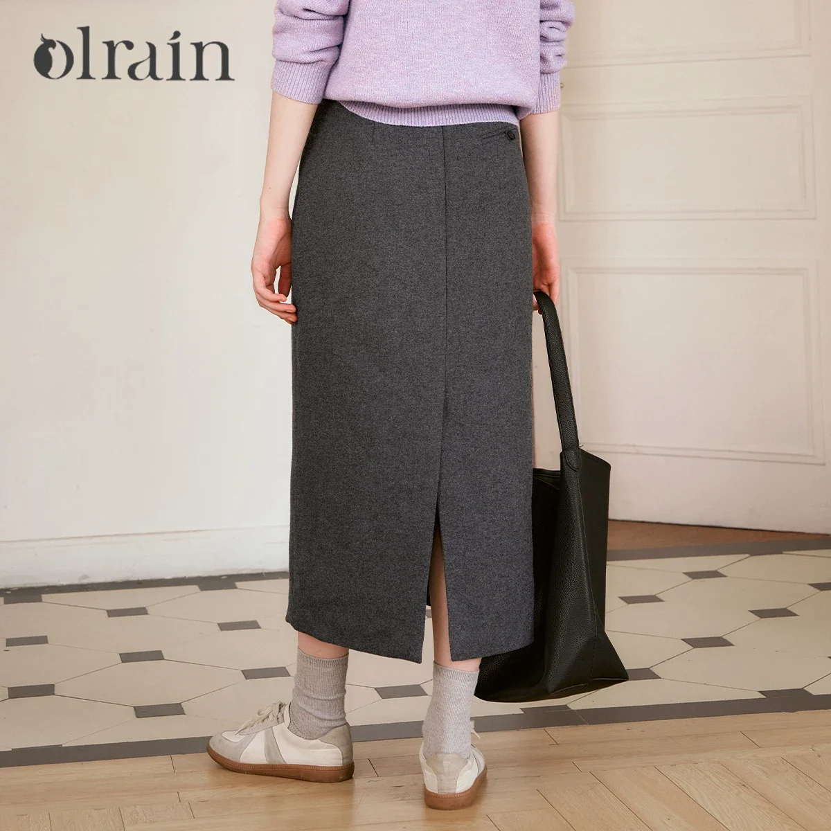 OLrain Office Lady Gray Midi Skirt for Women 2026 Spring Autumn Fashion Simple Daily Back Split Skirt Female Clothing O56DB88899