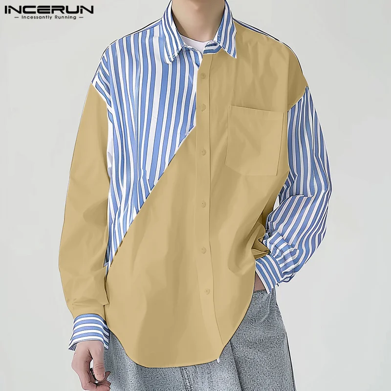 

INCERUN Tops 2024 Korean Style Men's Striped Patchwork Contrast Shirts Casual Streetwear Personality Long Sleeved Blouse S-5XL