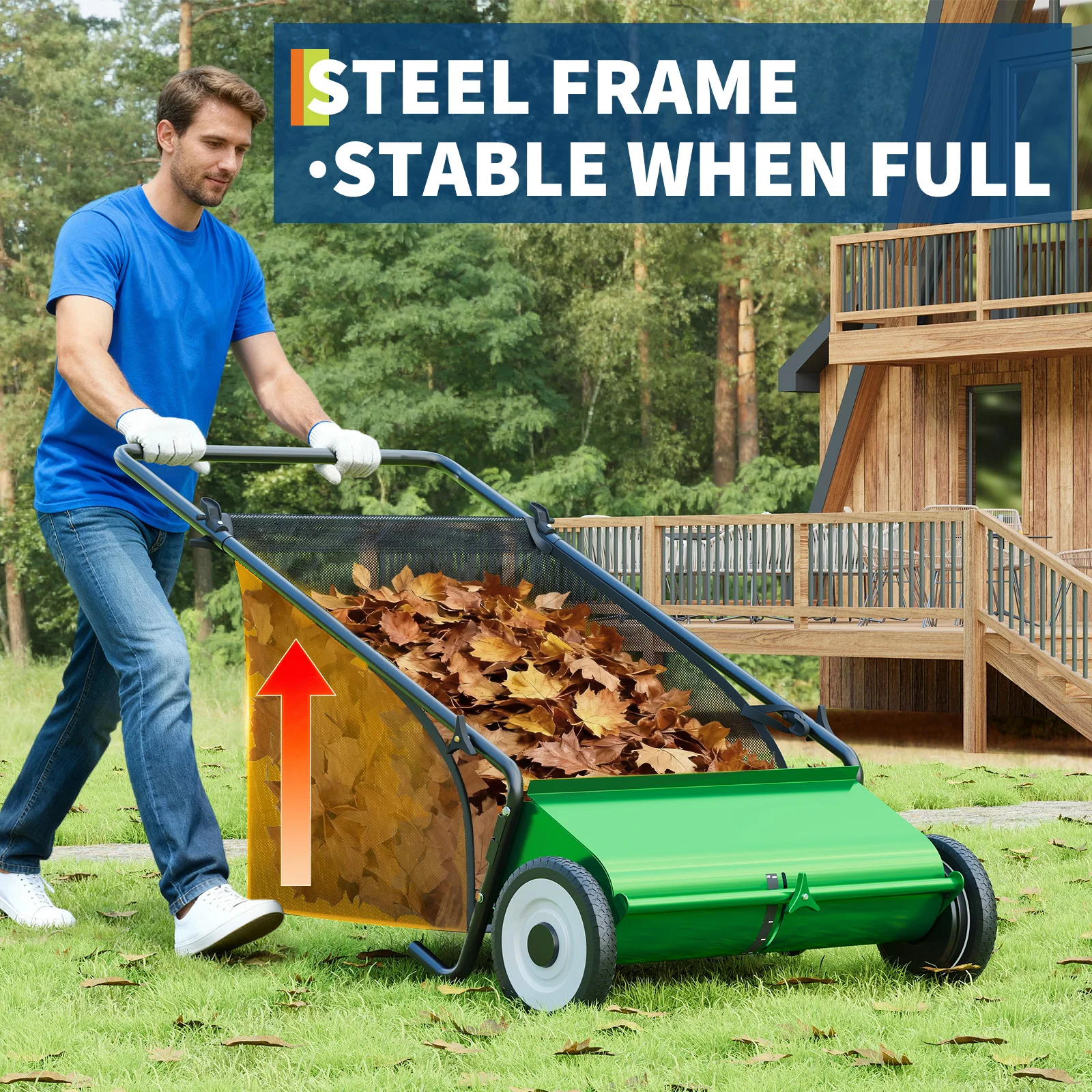 26-Inch Push Lawn Sweeper – 7 Cu.Ft Large Collection Bag, 4 Reinforced Spinning Brushes, Adjustable Height, Durable Steel Frame, Manual Yard and Lawn Debris Collector