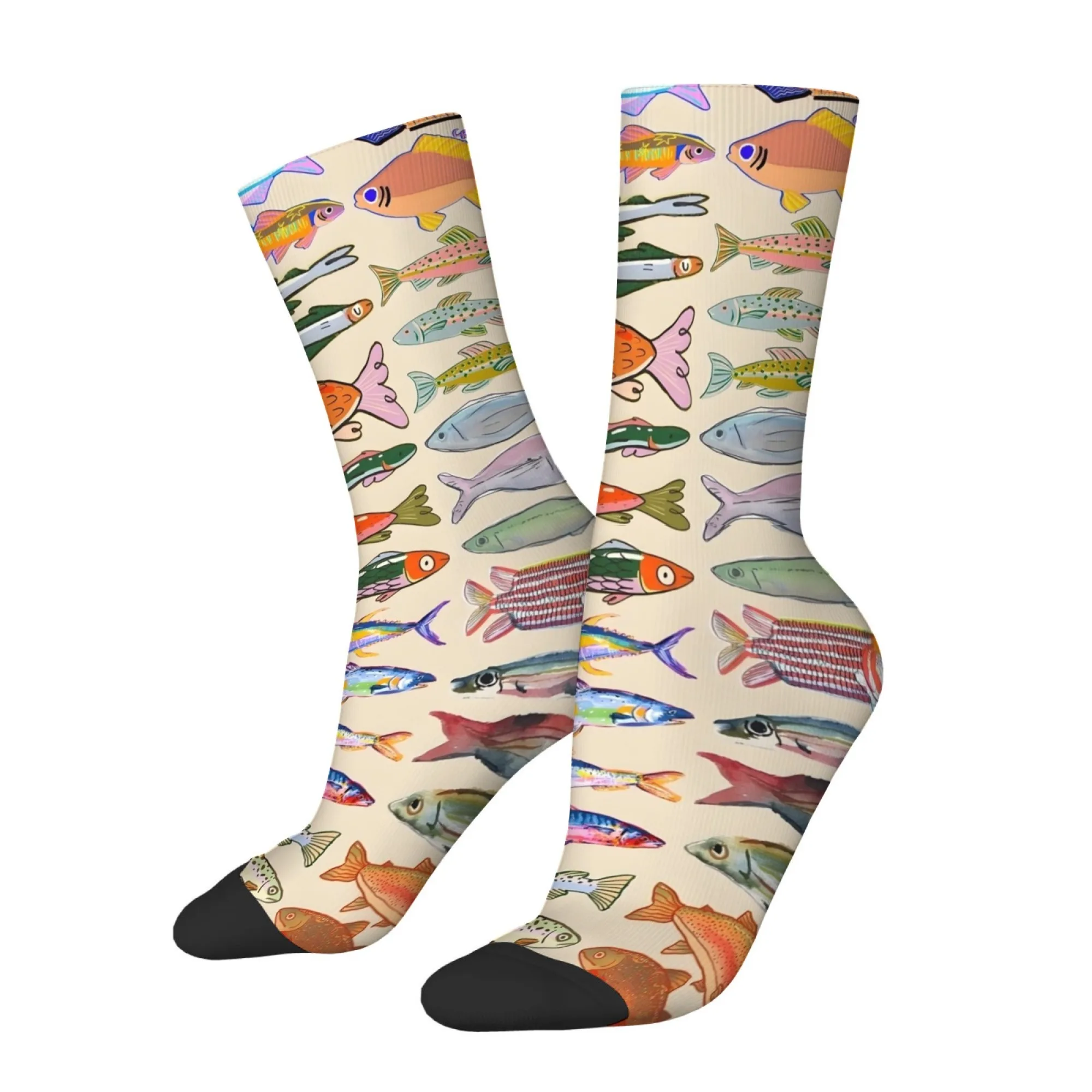 Retro Colorful Fish Print Men's Socks Non-slip Breathable Skin-friendly Quirky Hip-hop Fashionable Novel Fun Harajuku Socks