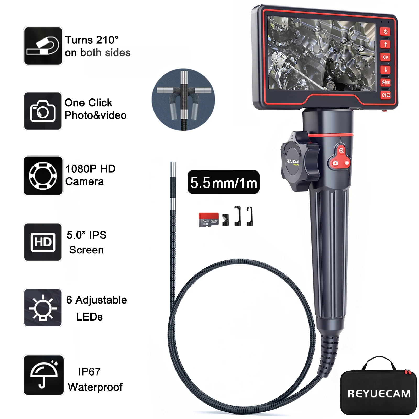 

REYUECAM 5.5mm Lens Two-Way 420° Articulating Borescope with 5 " Screen 1080P Steering Industrial Endoscope for Car Inspection