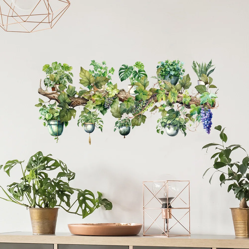 Vite verde foglie di aneto fiore appeso cestino adesivi murali camera da letto sala da pranzo soggiorno cucina pianta verde decorazioni per la casa adesivi murali